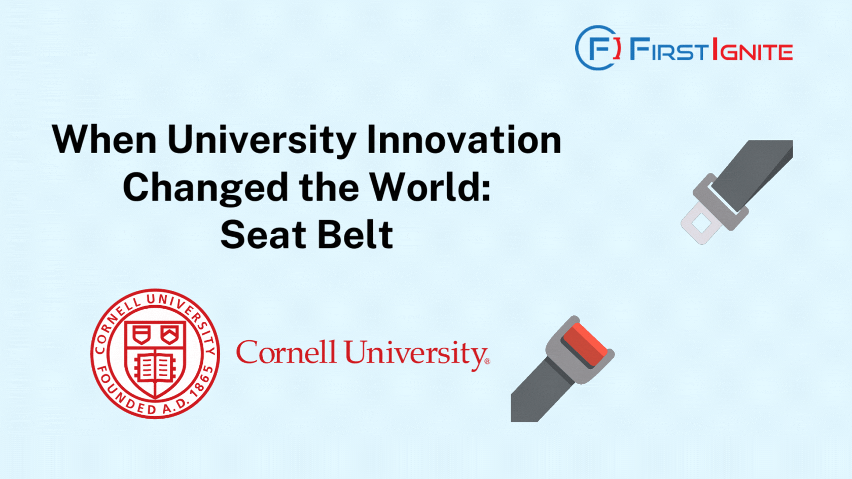 The image is a promotional graphic from FirstIgnite. It features the title "When University Innovation Changed the World: Seat Belt" along with the Cornell University logo and name. There is also an illustration of a seat belt on the right side. The FirstIgnite logo is positioned at the top right corner.